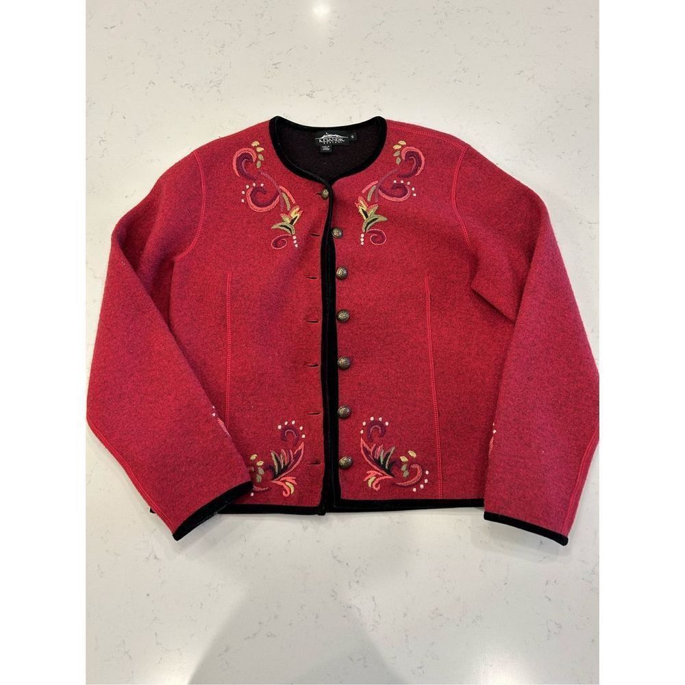 Icelandic designs red embroidered brass button cardigan size small wool